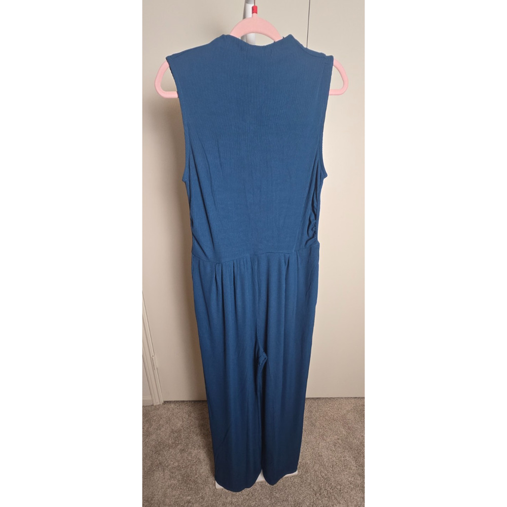 PRETTYGARDEN Teal Blue Green Ribbed Wide Leg Jumpsuit XL NWT Sleeveless Mock Nec - Picture 2 of 8